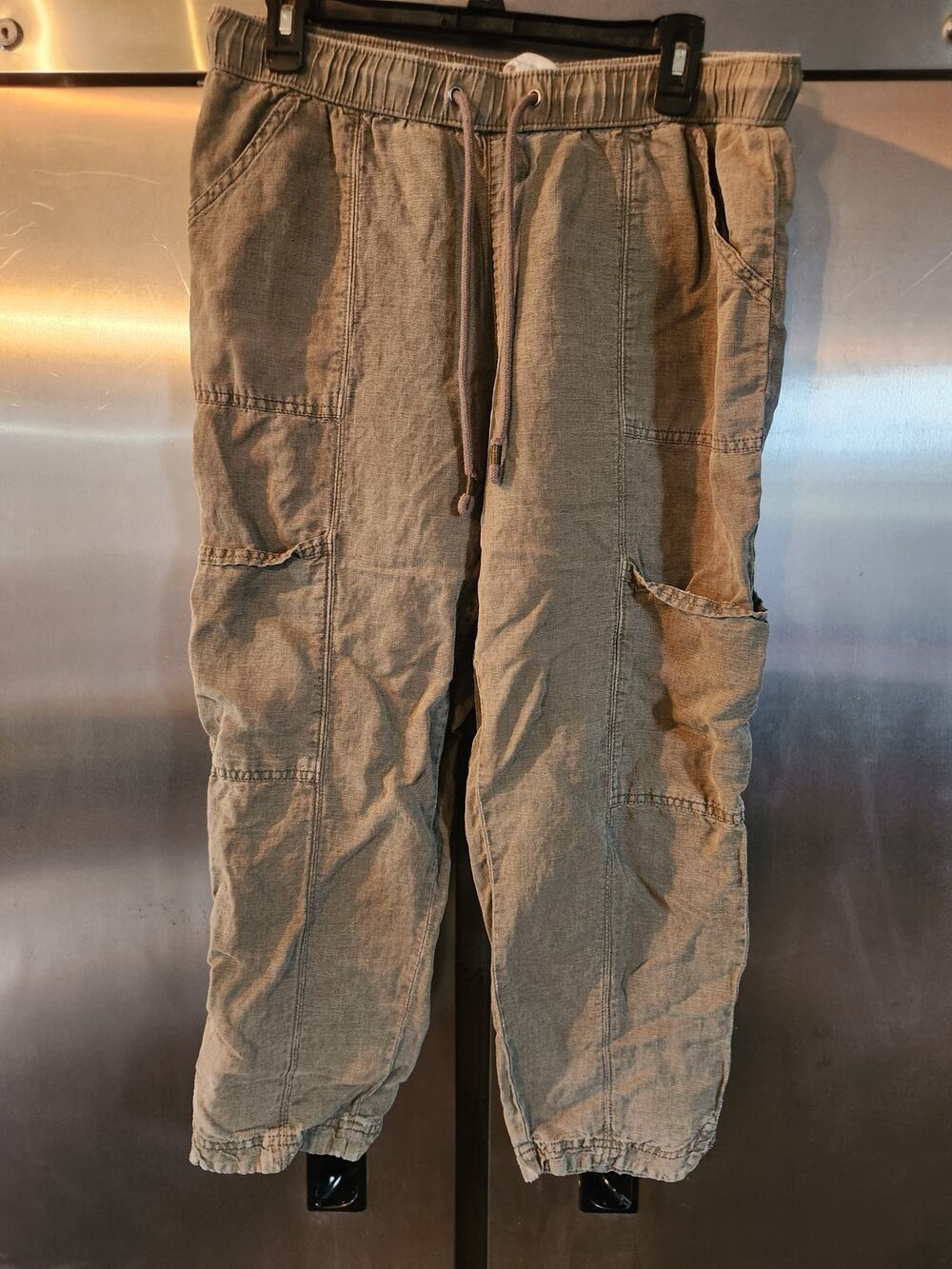 C&C California Olive Linen Cargo Jogger Pants Women's Size L Drawstring